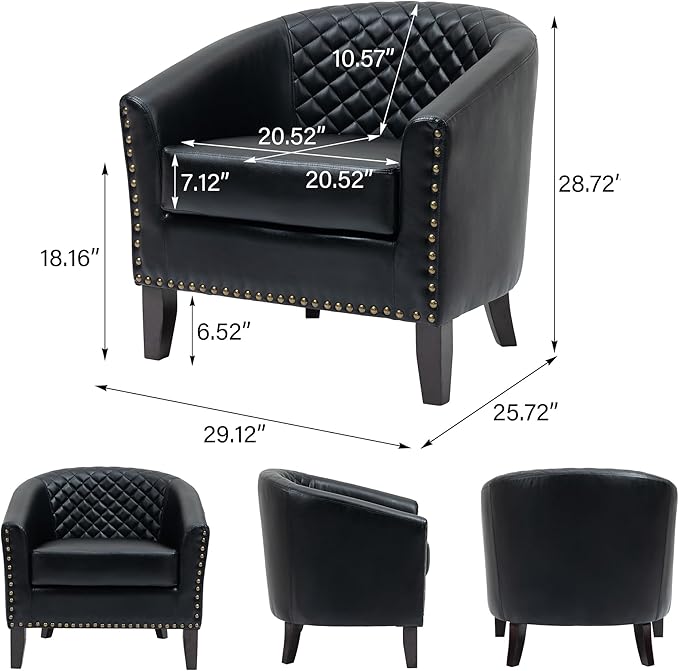 DREAMSIDEA Accent Barrel Chair, Upholstered Faux Leather Club Chair with Nailed Trim, Comfy Reading Armchair for Living Room Bedroom Reception Room Office (Black, Set of 2)