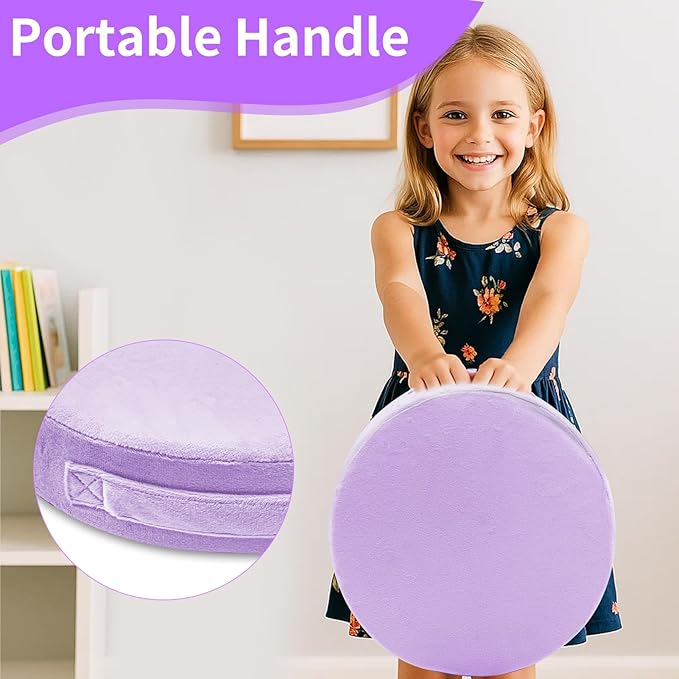 24 Pcs Round Floor Cushions for Kids, 15'' Plush Flexible Seating Pillows with Handles, Soft Chair Seats for Classroom Elementary Daycare Preschool Playroom Reading Corner Purple
