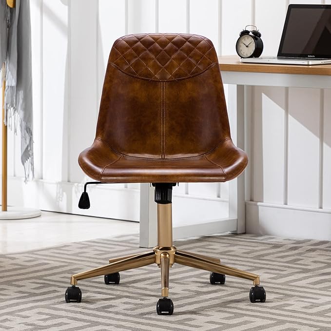 DUHOME Modern PU Leather Office Chair Desk Chair Swivel Computer Chair with Gold Base Yellowish-Brown
