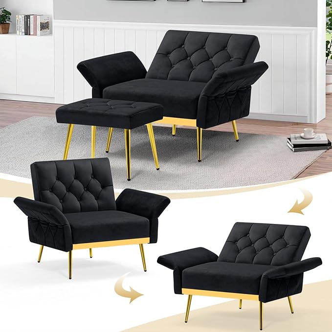 ACMEASE Velvet Accent Chair w/Adjustable Armrests and Backrests, Tufted Single Sofa with Ottoman, Upholstered Reading Chiar for Living Room, Apartment, Bedroom, Black
