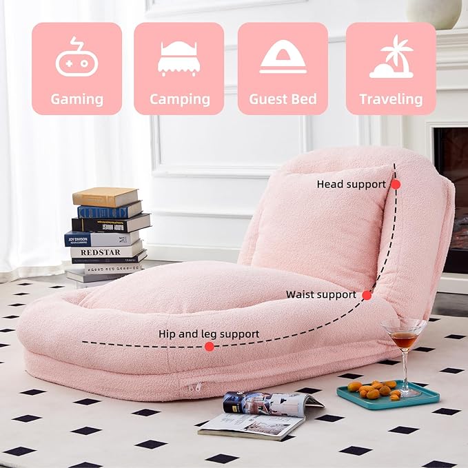 Comfortable Pink Folding Sofa Chair - Features 5 Adjustable Positions for Relaxation, Gaming, and Meditation Bliss!