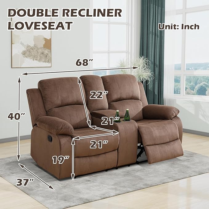 SIENWIEY Manual Recliner Sectional Sofa for Living Room,L Shaped Reclining Sectional Corner Couch with Loveseat,Brown Fabric Recliner Sofa Set with Storage Console/Drop Down Coffee Table/Cup Holders