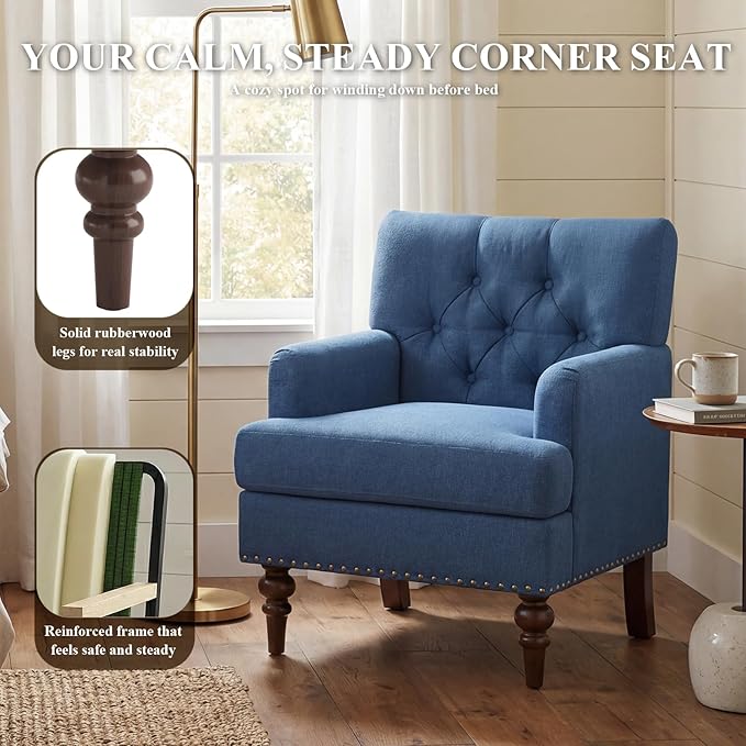Upholstered Accent Chair with Thick Cushion, High Back Reading Chair, Linen Blend Armchair with Solid Rubberwood Legs for Living Room, Bedroom, Reading Nook, Apartment & Small Spaces,Blue