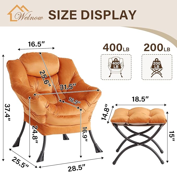 Welnow Lazy Chair with Ottoman, Modern Lounge Accent Chair with Armrests and a Side Pocket, Leisure Sofa Armchair, Reading Armchair with Footrest for Small Space, Corner Chair
