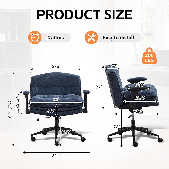 Criss Cross Chair with Flip-up Arms, Wide Criss Legged Chair with 3 Layer Cushion, Ergonomic Office Desk Chair with Wheels, Swivel Vanity Chair for Office, Living Room, Bedroom, Chenille Blue
