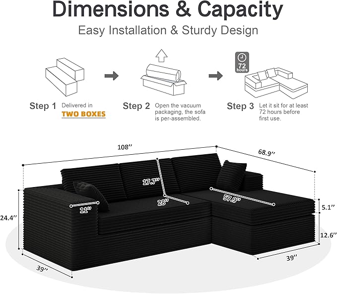 luckyvo 108-inch Boneless Couch for Living Room，Comfy Boneless Sofa with Deep Seats & Chaise Lounge, 3-Seat Modular Sofa Memory Foam Sectional Couches - No Assembly Required(Dark Black)