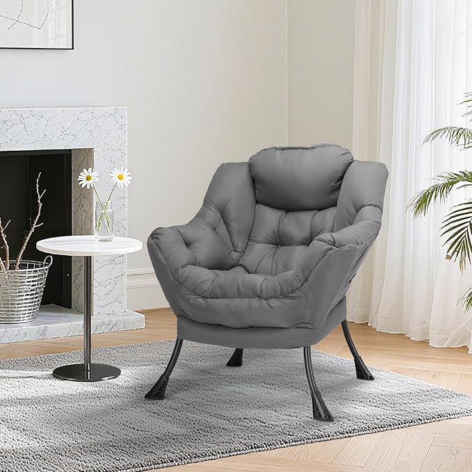 TLSUNNY Lazy Chair, Modern Comfy Lounge Accent Chair, Large Sofa Armchair with a Side Pocket, Leisure Reading Chair for Bedroom, Living Room, Dorm (Dark Grey)