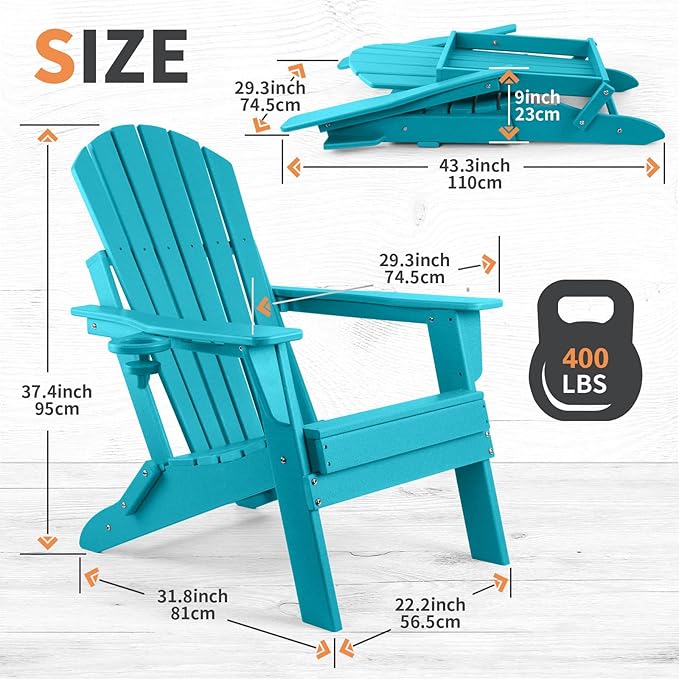 FUNBERRY Folding Adirondack Chair Set of 3, All Weather HDPE Fire Pit Chairs with Cup Holder for Outdoor