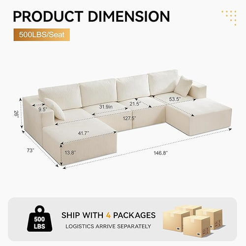 146'' Oversized Boneless Sofa, 4 Seater Modular Sectional Couch with 2 Moveable Ottoman, U Shaped Corduroy Convertible Sleeper Sofa with Chaise for Living Room, Beige