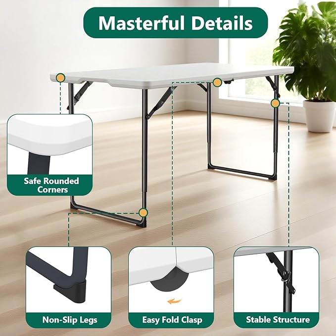 FurniEdge 4ft Folding Table with Adjustable Height, Heavy Duty Fold-in-Half Plastic Table with Steel Legs, Portable for Indoor, Outdoor, Picnic, Camping, Dining, Party, White
