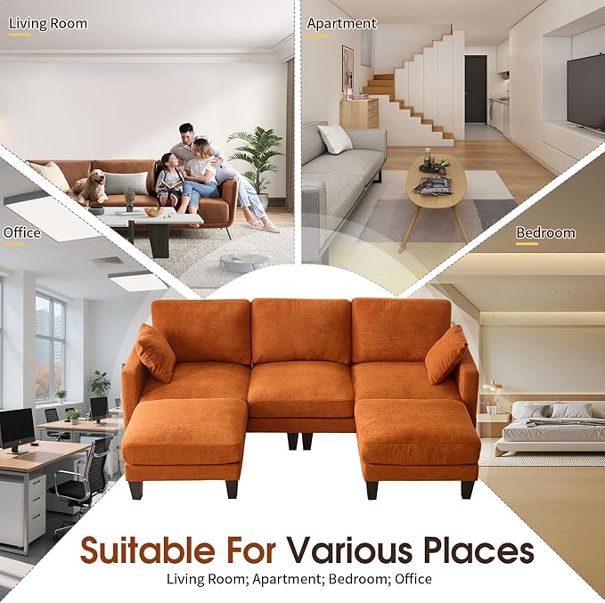 VINGLI 100" W U Shaped Couch with Ottoman, 22" Deep Seat Comfortable Sectional Couches for Living Room, 3 Seater Chenille Fabric Cloud Sofa for Apartment, Small Spaces, Bedroom, Orange