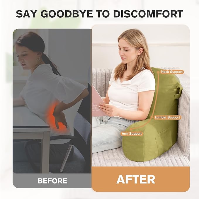 Unisakey Portable Comfy Reading Pillows for Bed Sitting Up(Pale Green Oeko-Tex), Velvet Back Pillow with Arms & Pockets for Adults, Support Memory Foam Bed Pillow for Dorm/Reading/Watching/Gaming