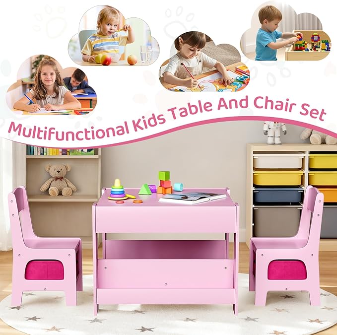 Arlopu Kids Table and Chairs Set, 4 in 1 Toddler Art Desk with Storage Drawer, Wooden Activity Deskboard, Blackboard, Reversible & Detachable Tabletop, Bookshelf for Drawing, Reading (Pink)