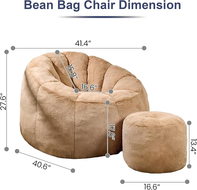 Pumpkin Shaped Bean Bag Chair with Ottoman, Gaint Bean Bag Chair for Adults, Faux Rabbit Fur Comfy BeanBag Floor Sofa Chair for Reading, Playing, Relaxing, Khaki