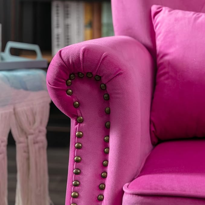 LZAREAL Accent Reading Arm Chairs Set of 2 for Living Room Bedroom, Midcentury Modern Comfy Corner Sofa Chair, Wingback Waiting Room Club Chair with Button Tufted Back &Lumbar Pillow, Velvet Rose
