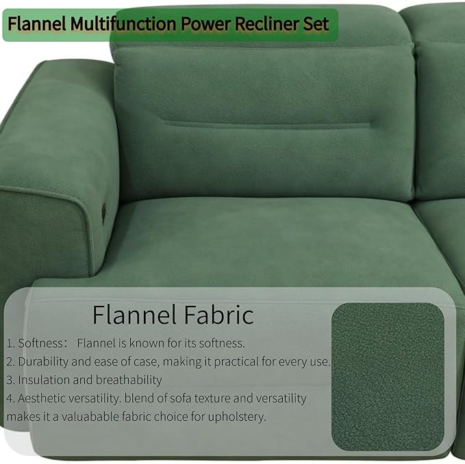 Power Recliner Sectional Sofa Set with USB Ports, Flannel Recliner Sofa Set with Adjustable Headrest, Reclining Sectional Couches, L-Shaped Living Room Furniture Set (Green, 5-Seater)
