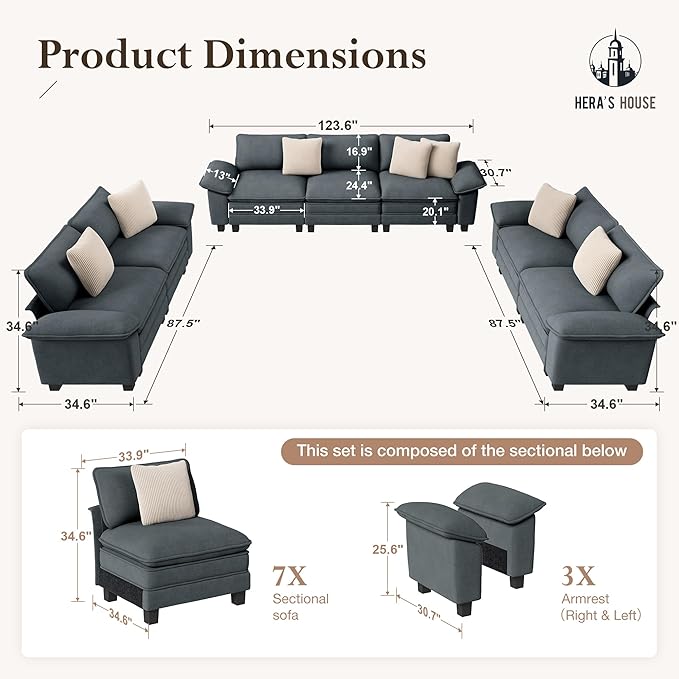 HERA'S HOUSE 3 Pieces Modular Sectional Sofa Sets, Oversized Couch Set with Loveseats, Comfy Cloud Couches with Throw Pillows, 7-Seater Deep Seat Sofa for Living Room, Chenille Blue