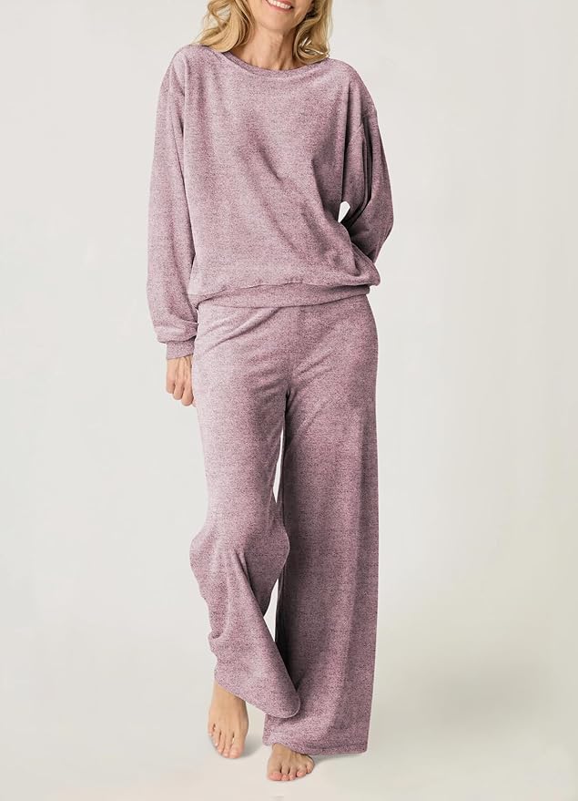 Aamikast Women's 2-Piece Lounge Set Soft Brushed Jersey Sleepwear Pajamas Set Long Sleeve Top & Wide Leg Pants