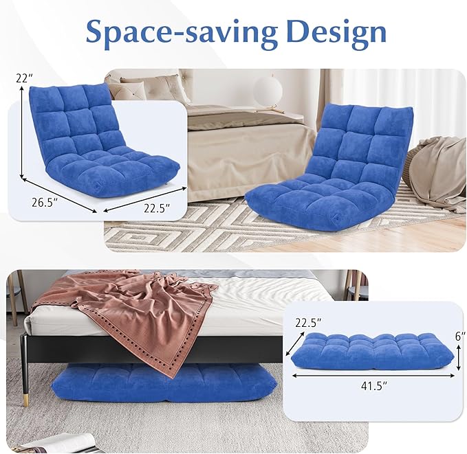ARLIME Adjustable Floor Chair, 14-Position Lazy Sofa Chair with Back Support & Thick Padding, Portable Foldable Floor Couch for Adults, Kids, Use in Bedroom, Living Room, Home Theater (Blue)