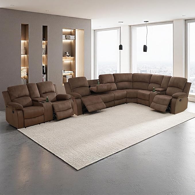 SIENWIEY Manual Recliner Sectional Sofa for Living Room,L Shaped Reclining Sectional Corner Couch with Loveseat,Brown Fabric Recliner Sofa Set with Storage Console/Drop Down Coffee Table/Cup Holders