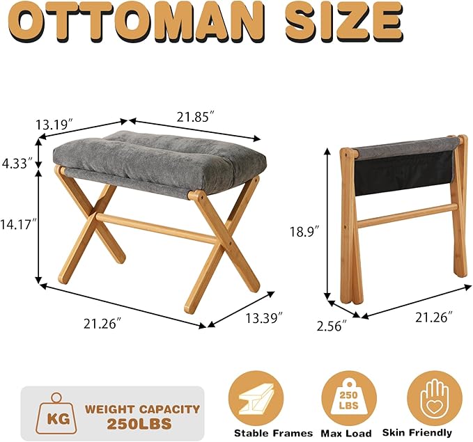 Folding Upholstered Footrest Stool, Small Accent Ottoman with Thick Cotton Cushion & Bamboo X Legs, Modern Padded Sofa Stool for Makeup Bedroom Living Room, Grey