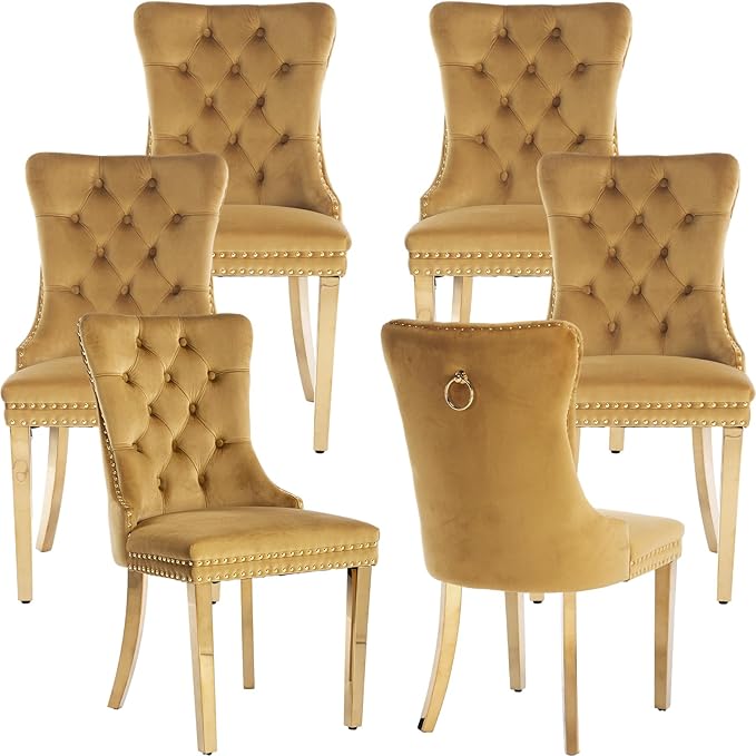 YeahFurn Mid Century Modern Dining Chairs Set of 6, Yellow Velvet Upholstered Tufted Back, Kitchen & Dining Room Chairs, Gold Metal Legs, Nailhead Trim, Sillas para Comedor (Yellow, 6 Pcs)