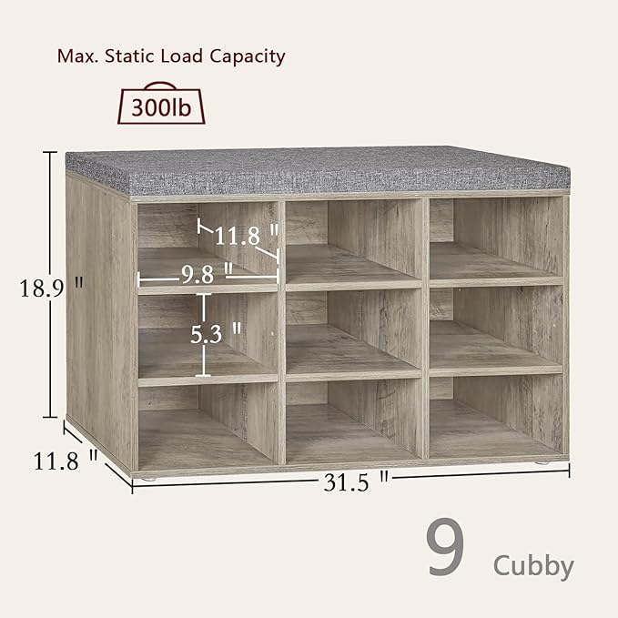 DINZI LVJ Shoe Bench, 9 Cubbies Shoe Organizer for Entryway, Storage Bench with Cushion, Cubby Shoe Rack with Adjustable Shelves for Living Room, Bedroom, Mudroom, Hallway, Gray Wash