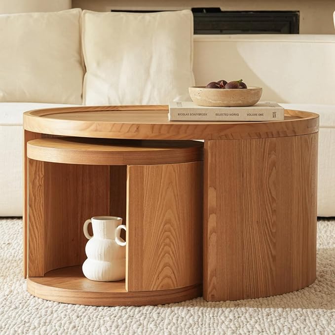 FAME HOME Round Nesting Coffee Table Set of 2,31.5" Large & 18" Small Low Tables with Wood Look Top,Space-Saving Side Tables for Living Room,Bedroom,Office,Minimalist Center Table Set (Brown, L+S)