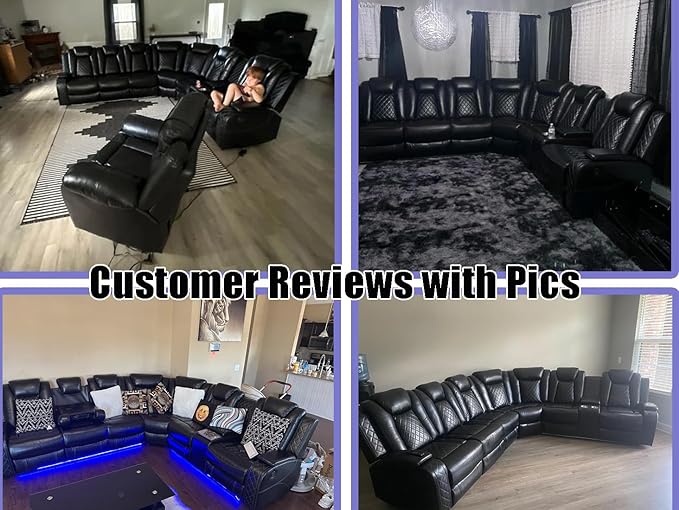 Dekmxas Living Room Furniture Set, Power Sectional Recliner Sofa Set with LED Light,Black Air Leather Power Reclining Sofa with 2 Recliner Seats/Cup Holders/USB Port/Storage Console for Living Room