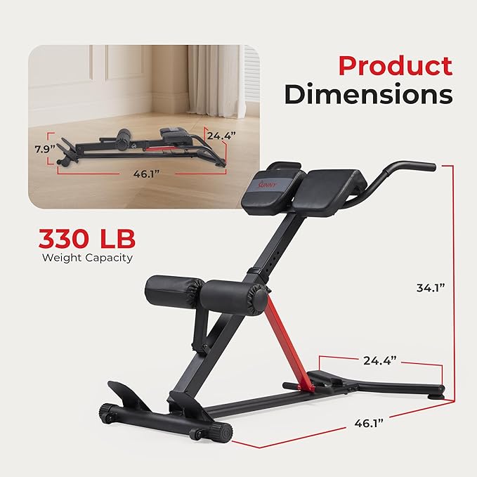 Sunny Health & Fitness Foldable Hyperextension Roman Chair w/Back Extension, Home Gym Sit Up Bench for Glute & Ab Workouts, Optional Adjustment Incline & Multi-Function Heavy-Duty Exercise Equipment