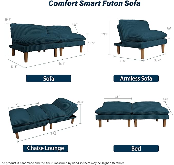 3 Sets 69" Futon Sofa Bed, 4 in 1 Multi-Function Couch Sleeper with Adjustable Backrest, Modern Convertible Futon, Recliner Small Loveseat for Living Room, Plush Blue