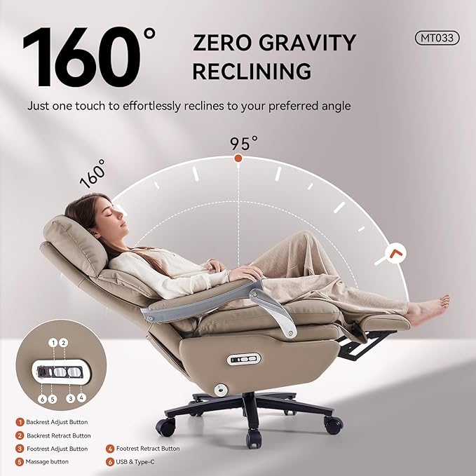 EMIAH Ergonomic Office Chair with Foot Rest Electric Executive Office Chair Reclining with Massage Big and Tall High Back Computer Chair with Wheels, Genuine Leather (Light Khaki)