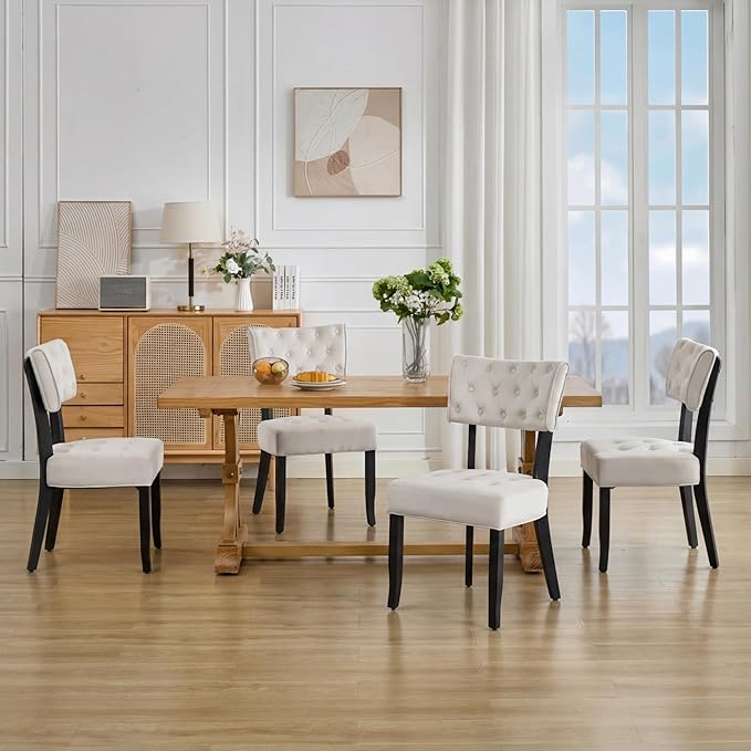 UVV Upholstered Dining Chairs Set of 2, Mid Century Modern Tufted Kitchen Chairs Dining Room Chairs, Velvet Dinner Chair with Wood Legs for Dining Room Kitchen, Beige-Black Legs