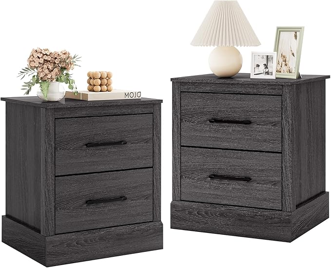 SIMOE Grey Oak Farmhouse Nightstand Set of 2, Wooden Bedside Table with 2 Storage Drawers, Compact Floor-Standing Night Stand, Accent Sofa Side Table for Bedrooms