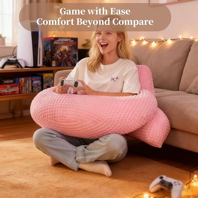 PAJEO Reading Pillow for Bed,U Shaped & Back Support Pillow for Bed,19" Backrest with Lumbar & Arm Support,Comfy Flannel Fabric,Lap Pillow for Gaming/Reading/Watching TV,Pink