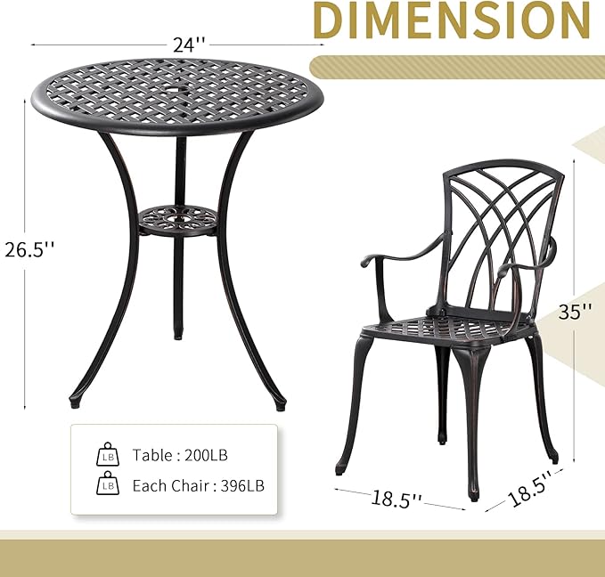 Withniture Outdoor Patio Bistro Set All Weather Bistro Table and Chairs Set of 2 with Umbrella Hole, Cast Aluminum Outdoor Bistro Set Rust-Resistant Patio Furniture for Garden Porch, Bronze