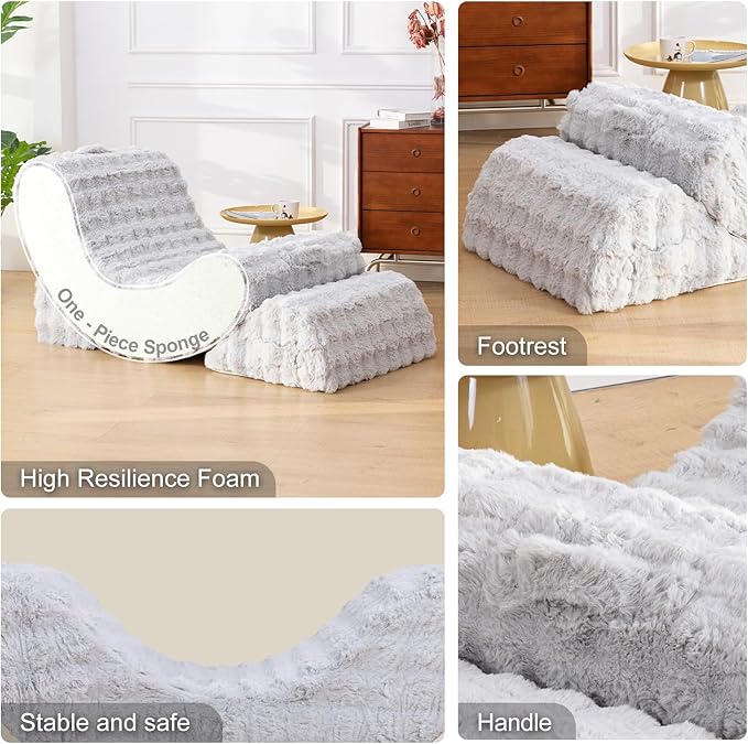 Gaint Bean Bag Chairs for Adults, Beanbag Lounge Filled with Memory Foam, Adjustable Angle, Velvet Fabric, with Detachable Footrest for Bedroom, Living Room and Nursery(Grayish)