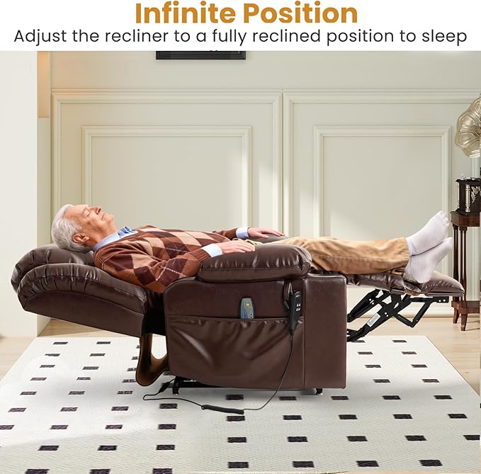 Oversized Power Lift Recliner Chair for Elderly Big and Tall, Dual Motor Heavy-Duty Lift Chair with Heat & Massage, Lay Flat Wide Recliner, USB-C, Cup Holders, Lumbar Pillow, PU Leather, Brown