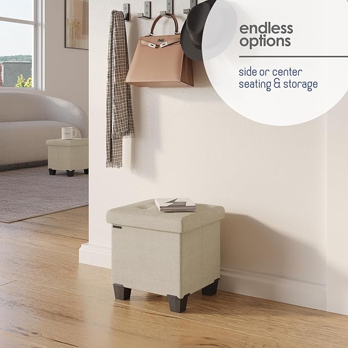 Storage Ottoman Cube with Small Bin, 16-in Square Ottoman with Storage for Living Room and Bedroom, Small Ottomans Foot Rest, Fabric Foot Stools Ottomans Max 330lbs, Beige