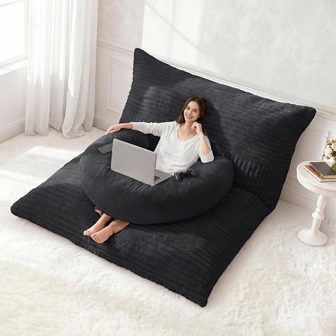 Homguava Giant Bean Bag Chair for Adults with Pillow, 4 in 1 Convertible Floor Cushion for Adluts, Memory Foamed Bean Bag Lounger with Washable Cover for Living Room, Bedroom