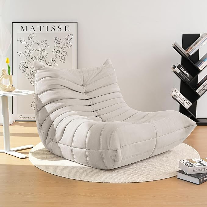 High-end Bean Bag Chair, Fireside Togo Chair with Antique White Suede Fabric Cover, Comfy & Soft Lazy Floor Lounge Sofa for Bedroom, Living Room, Office or Lounger