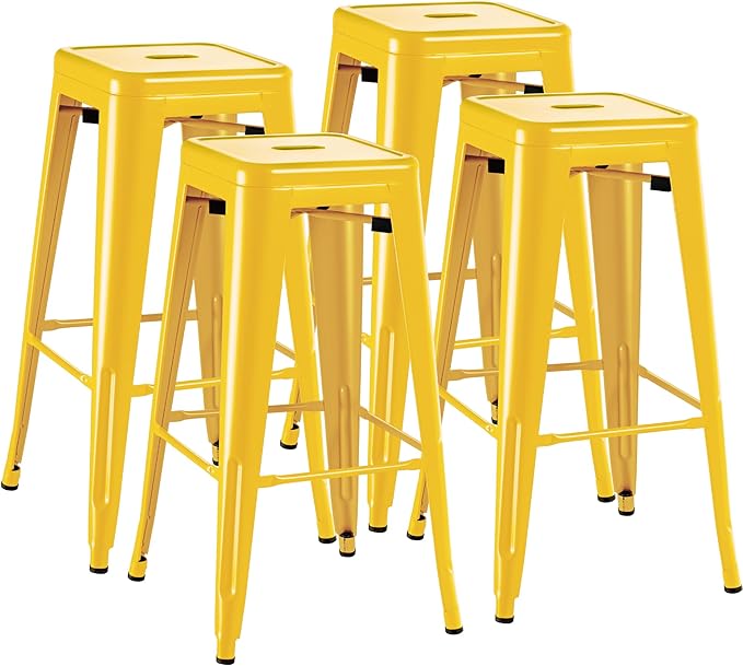 Furmax 30 Inch Metal Bar Stools Set of 4, Counter Height Backless Stools, Industrial Bar Chairs Patio Stool Stackable Backless Stool for Kitchen/Dining Room/Bistro/Patio Indoor Outdoor (Yellow)