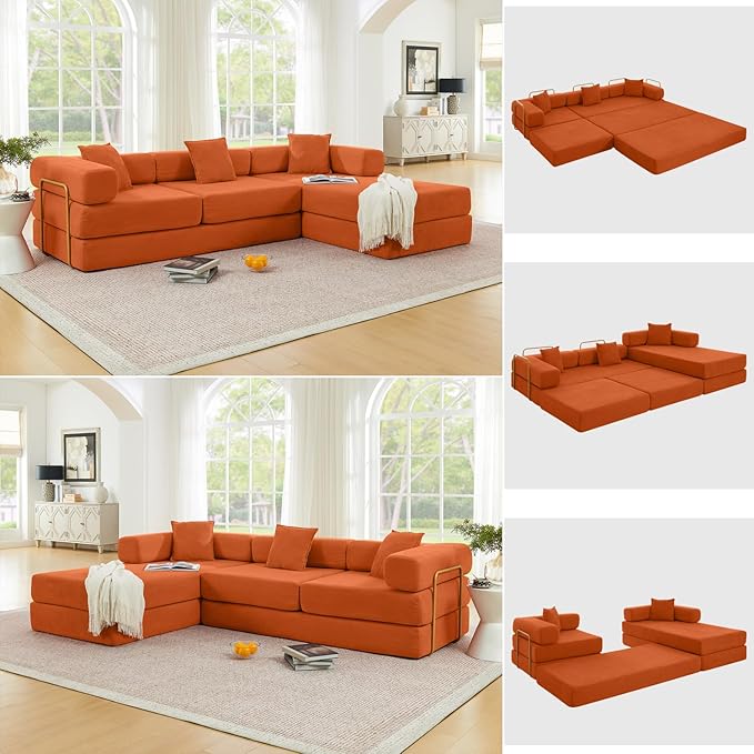 HANXIN 108" Modular Sectional Sofa,Futon Convertible Sofa Bed,Oversized Corduroy Boneless Couch for Living Room,Floor Loveseat Sleeper with Pull Out Bed,Free Combination,No Assembly Required (Orange)
