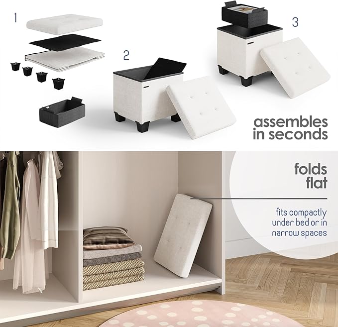 Storage Ottoman Cube with Small Bin, 16-in Square Ottoman with Storage for Living Room and Bedroom, Small Ottomans Foot Rest, Fabric Foot Stools Ottomans Max 330lbs, Cream