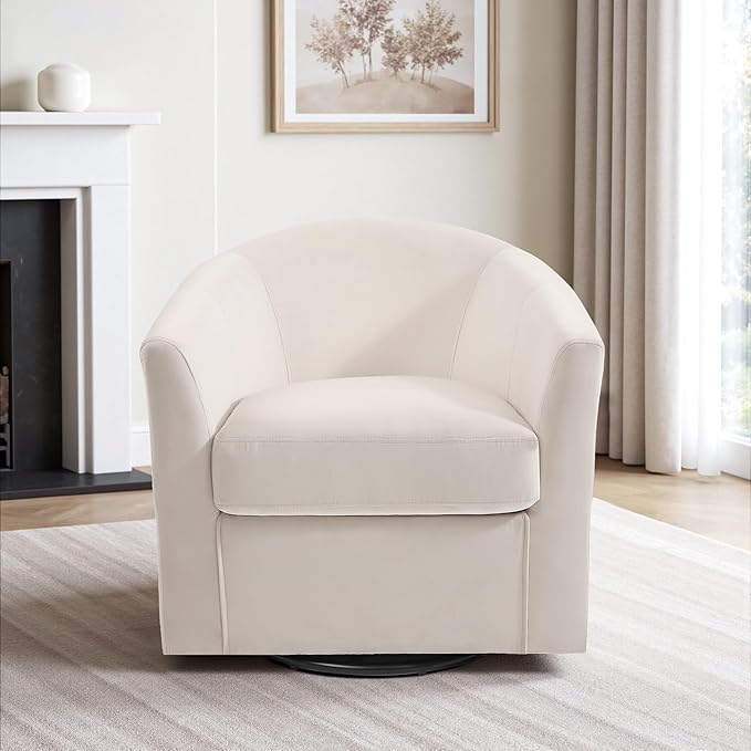 DREAMSIDEA Swivel Accent Chair, Upholstered Velvet Barrel Armchair, Modern Round Single Sofa Seating Comfy Reading Corner Chairs for Living Room Bedroom, Fully Assembled (Velvet Ivory, Set of 1)