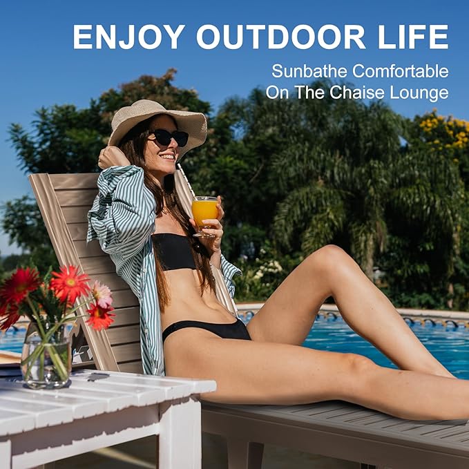 ROJIK Outdoor Chaise Lounge Chair with 5-Position Adjustable Backrest,Waterproof & Lightweight | Durable Indoor/Outdoor Patio Lounger Chair for Garden Pool Beach,(Single, Grey)