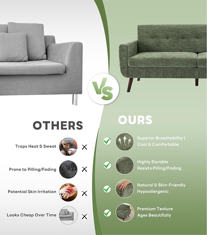 Tbfit 77.2" W Linen Sofa Couch, Mid Century Modern Decor Loveseat Couches for Living Room, Button Tufted Upholstered Small Couch for Bedroom, Solid, and Easy to Install Love Seats Furniture, Green | linen fabric, button tufted, solid wood foot, pocket ...