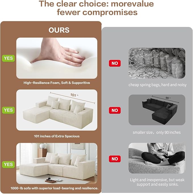 101" Cloud Couch for Bedroom,Boneless Couch with Oversized Chaise,4-Seat Chenille Deep Seat Sofa with 5-Pillows for Living Room,Corduroy Sofa in A Box,Beige