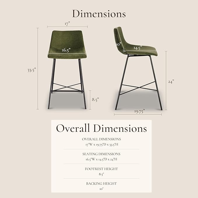 Poly & BARK Paxton Leather Counter Stools 24 Inches – Set of 3 - Counter Height Bar Stools – Barstools for Kitchen Island or Counters – Faux Leather & Matte Black Steel Base – Distressed Green Velvet