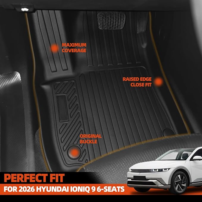 Floor Mats for 2026 Hyundai Ioniq 9 Unmovable Console 6-Seats with 2nd Row Captain's Chairs Floor Mats & Trunk Mat with Backrest Mat for Hyundai Ioniq 9 Accessories All Weather Floor Liner